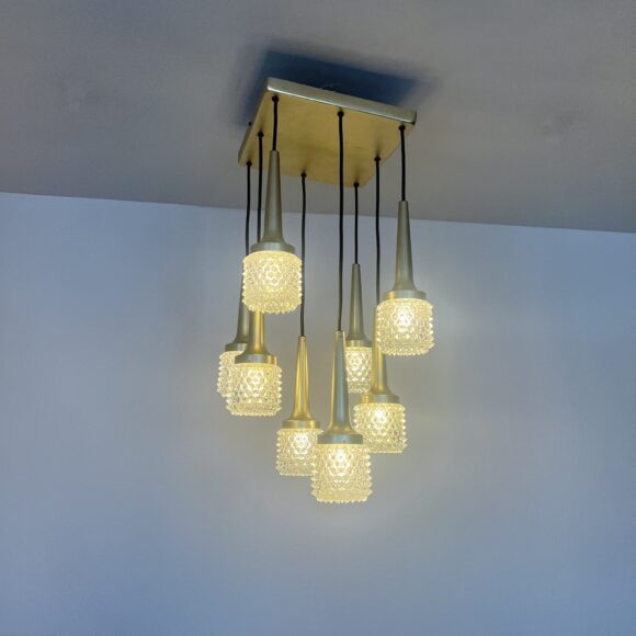 1970s Mid-Century Czech Brass Multi Pendant Chandelier