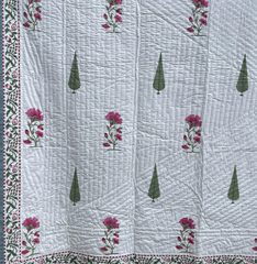 Sarah K Pink & Green Floral & Trees Pique Quilt