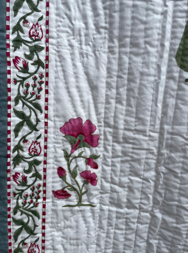 Sarah K Pink & Green Floral & Trees Pique Quilt