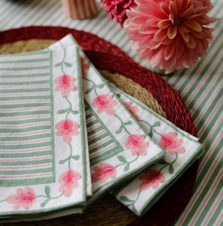 Sarh K Green & PInk Striped Suzani Tablecloth