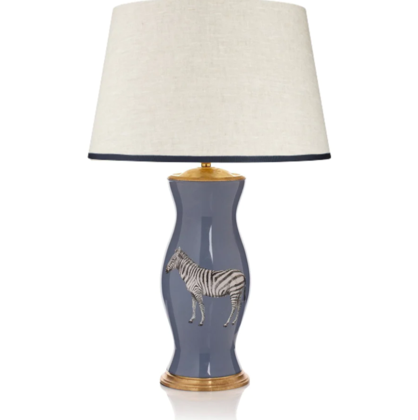 Rosana Lonsdale Stretched Ivory Linen Lampshade with Dark Blue Coloured Trim 