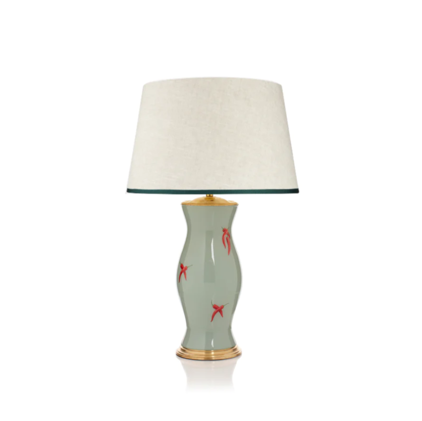 Rosana Lonsdale Stretched Ivory Linen Lampshade with Artichoke Green Coloured Trim 