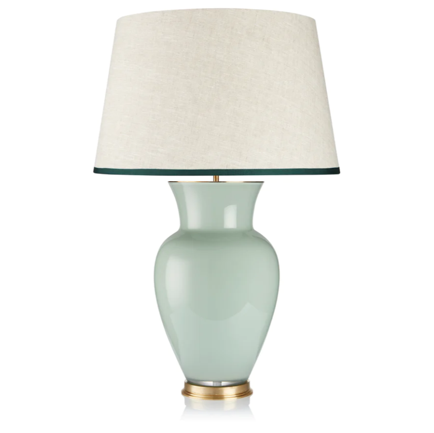 Rosana Lonsdale Stretched Ivory Linen Lampshade with Artichoke Green Coloured Trim 