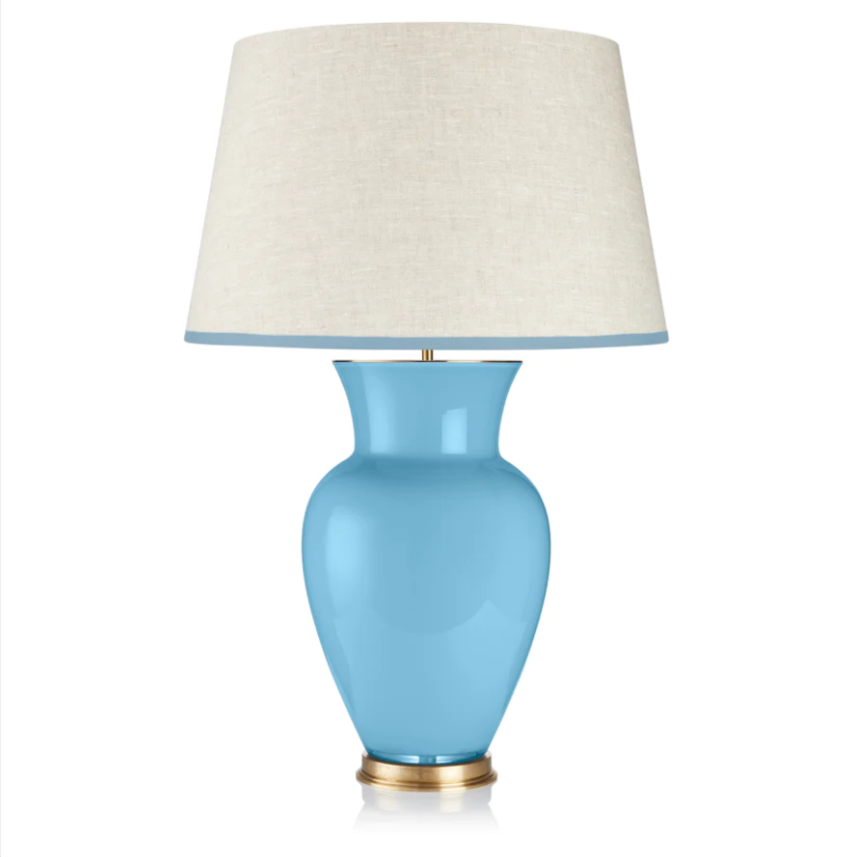 Rosana Lonsdale Stretched Ivory Linen Lampshade with Sky Blue Coloured Trim 