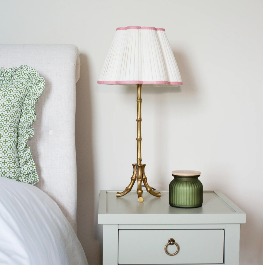 Scalloped Ivory Linen Lampshade with a Rose Pink Trim- Patton House  