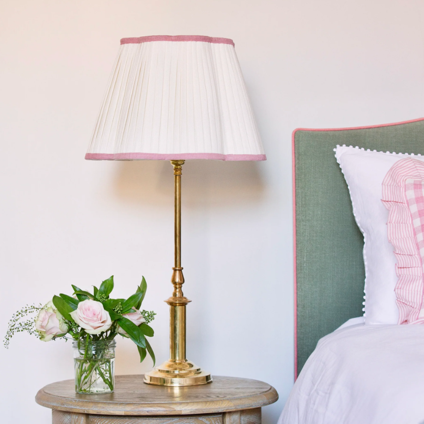 Scalloped Ivory Linen Lampshade with a Rose Pink Trim- Patton House  