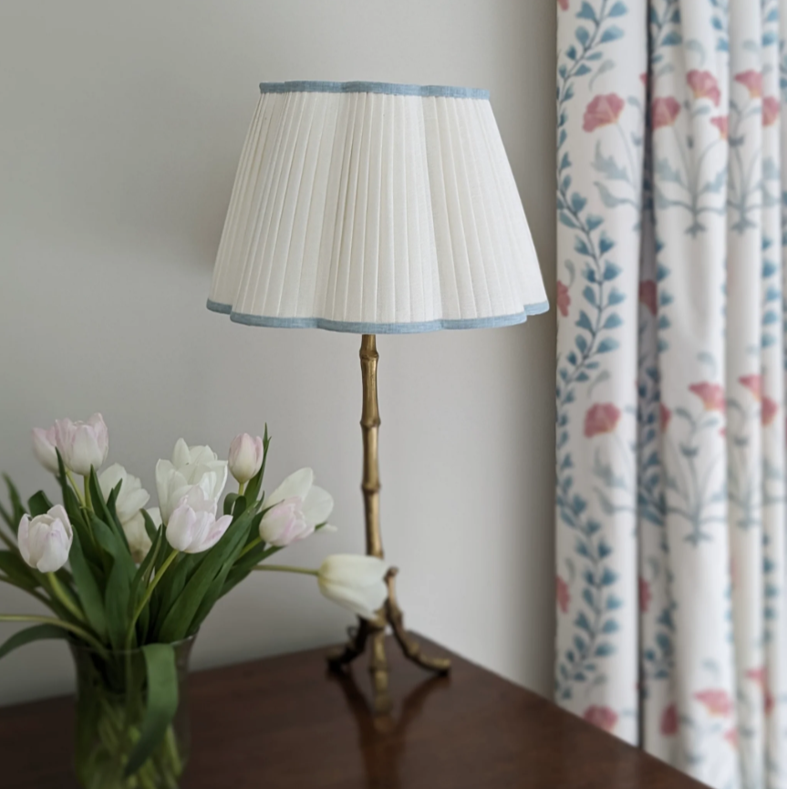 Scalloped Ivory Linen Lampshade with a Bluebell Trim- Patton House  