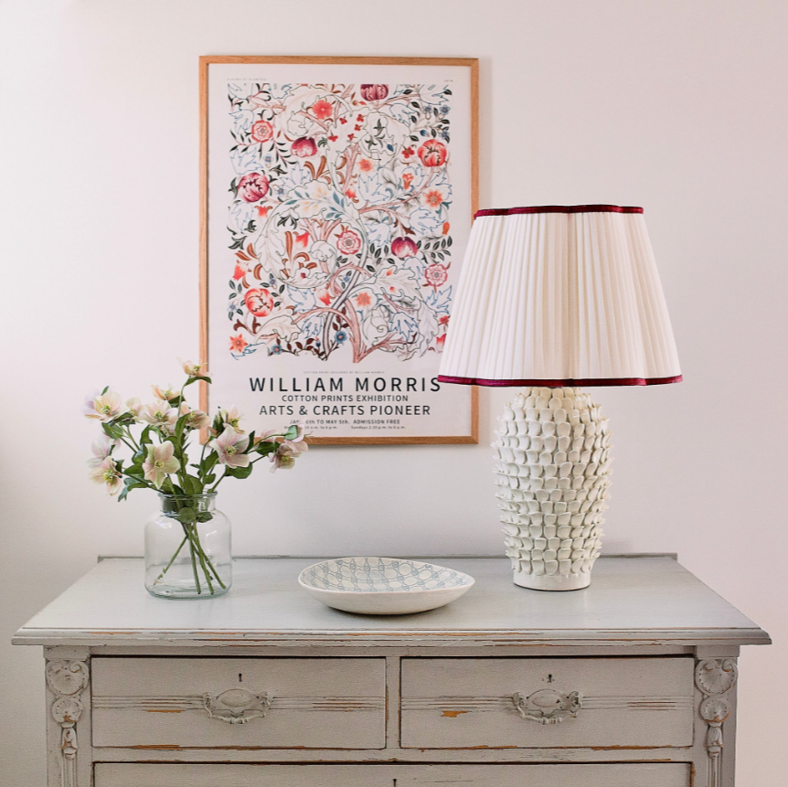 Scalloped Ivory Linen Lampshade with a Ruby Trim- Patton House  