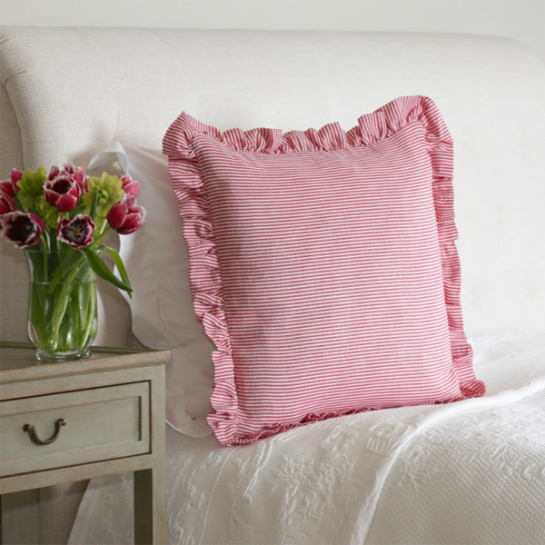 Square Ruffles Striped Square Ruffle Cushion in Raspberry & Ivory | Patton House ...