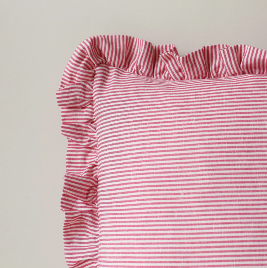 Striped Square Ruffle Cushion in Raspberry & Ivy  Patton House