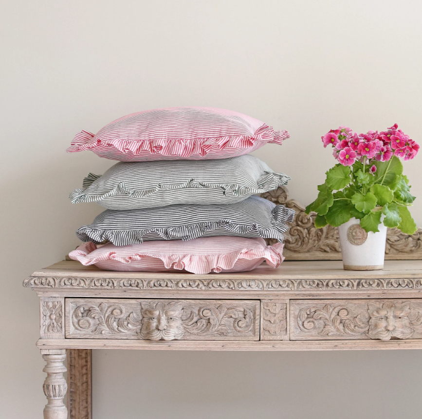 Striped Square Ruffle Cushion in Raspberry & Ivy  Patton House