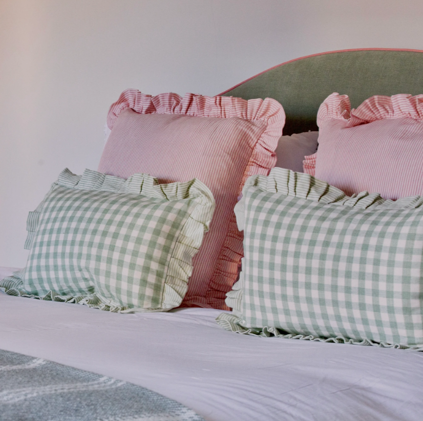 Striped Square Ruffle Cushion in Raspberry & Ivy  Patton House