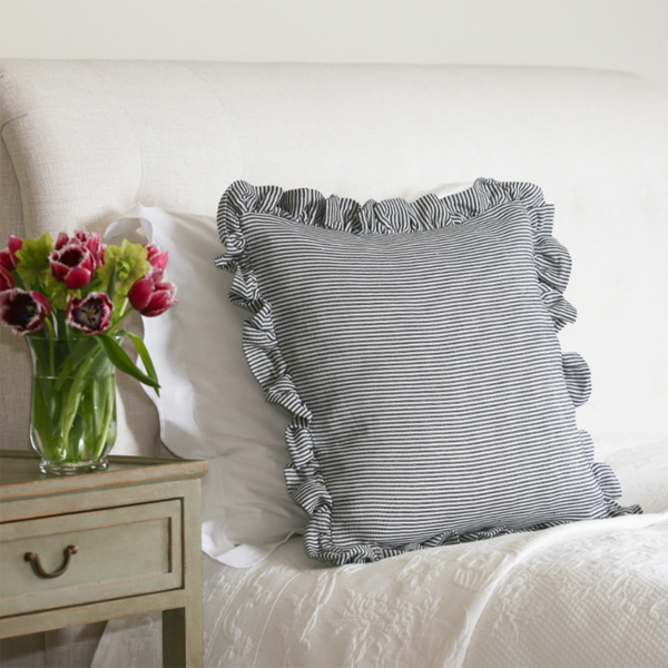 Striped Square Ruffle Cushion in Blue & Ivy   Patton House