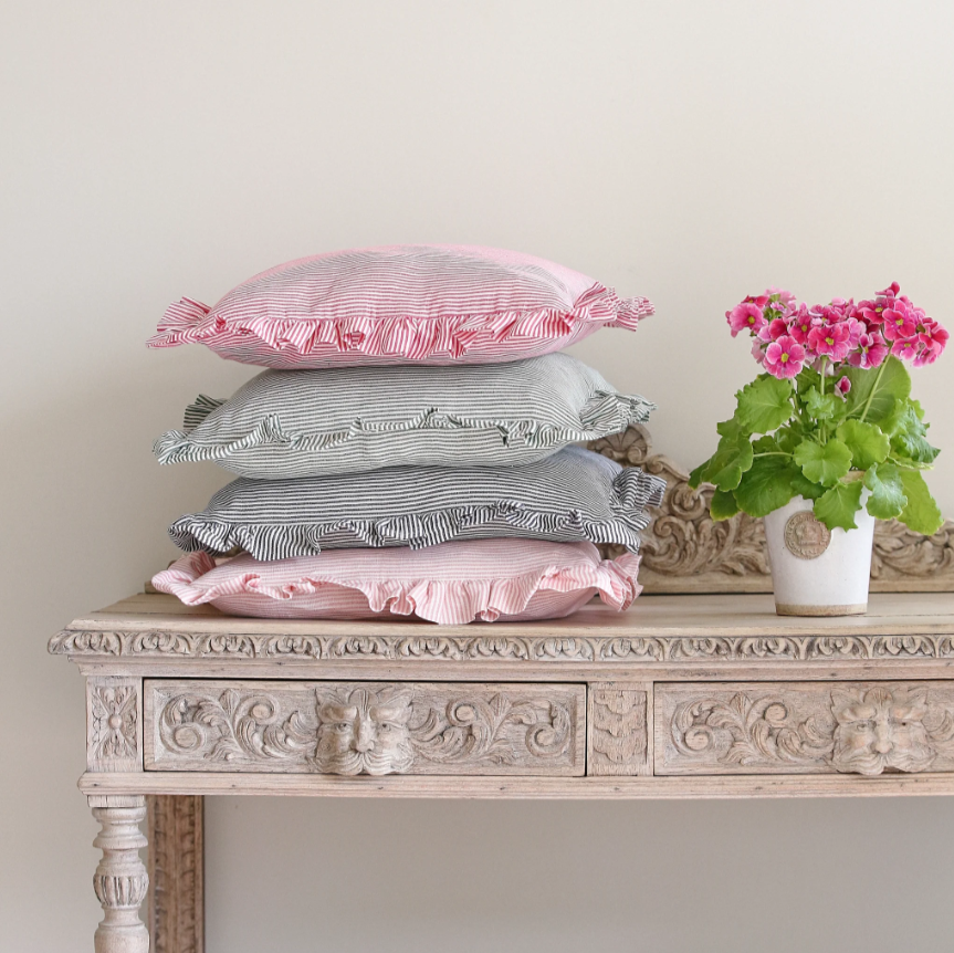Striped Square Ruffle Cushion in Rose Pink & Ivy   Patton House