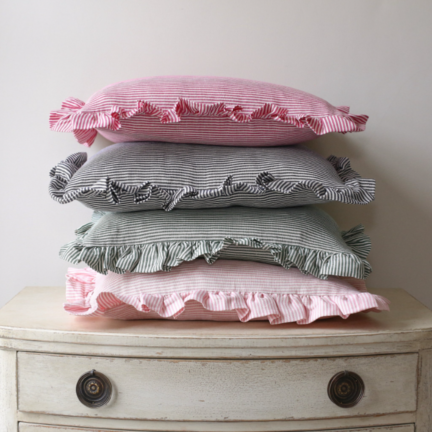 Striped Square Ruffle Cushion in Rose Pink & Ivy   Patton House
