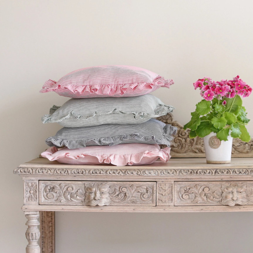 Striped Oblong Ruffle Cushion in Raspberry & Ivy Patton House