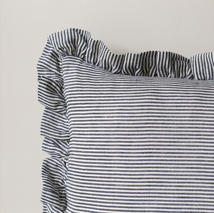 Striped Oblong Ruffle Cushion in Blue & Ivy  Patton House