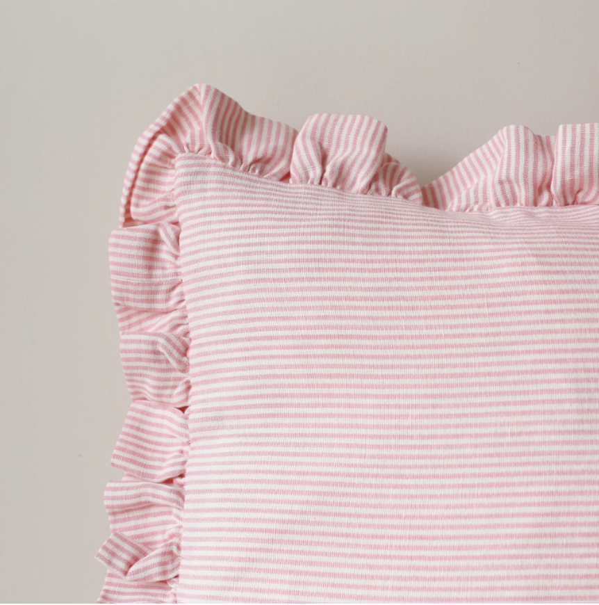 Striped Oblong Ruffle Cushion in Rose Pink & Ivy Patton House
