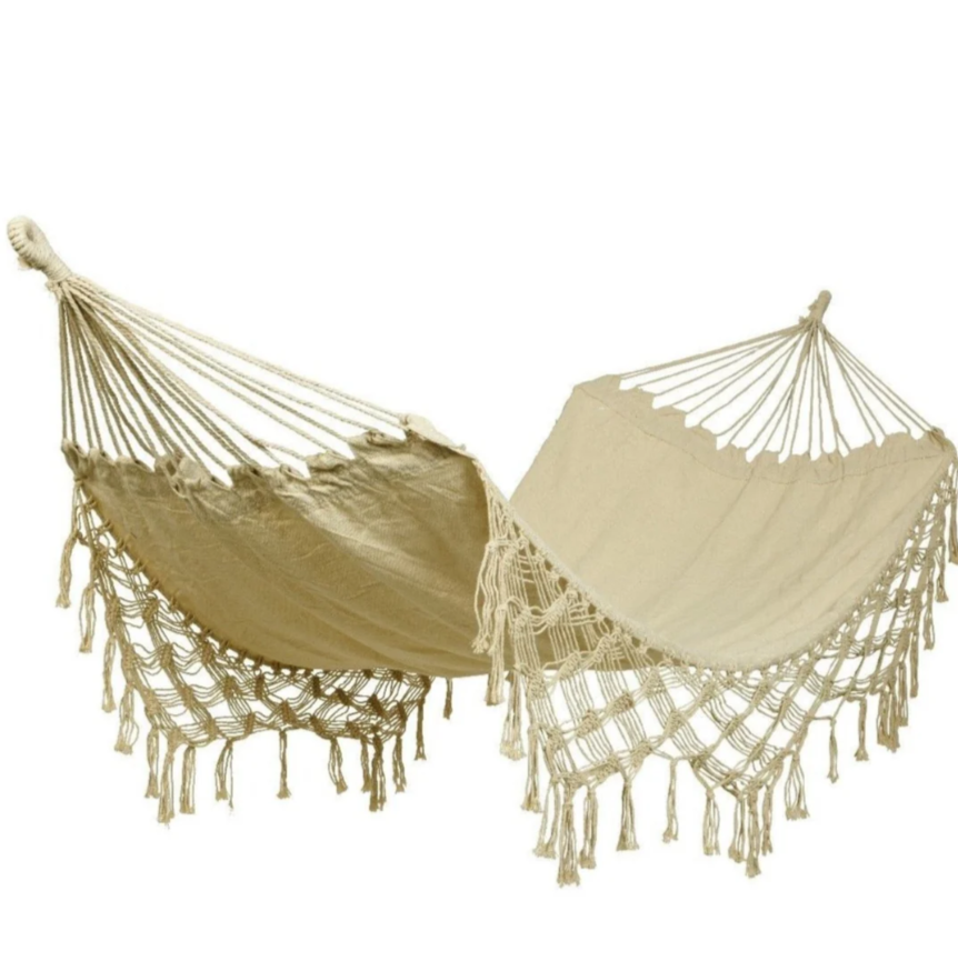 Tasseled Garden Hammock In Sand With Crochet Fringe