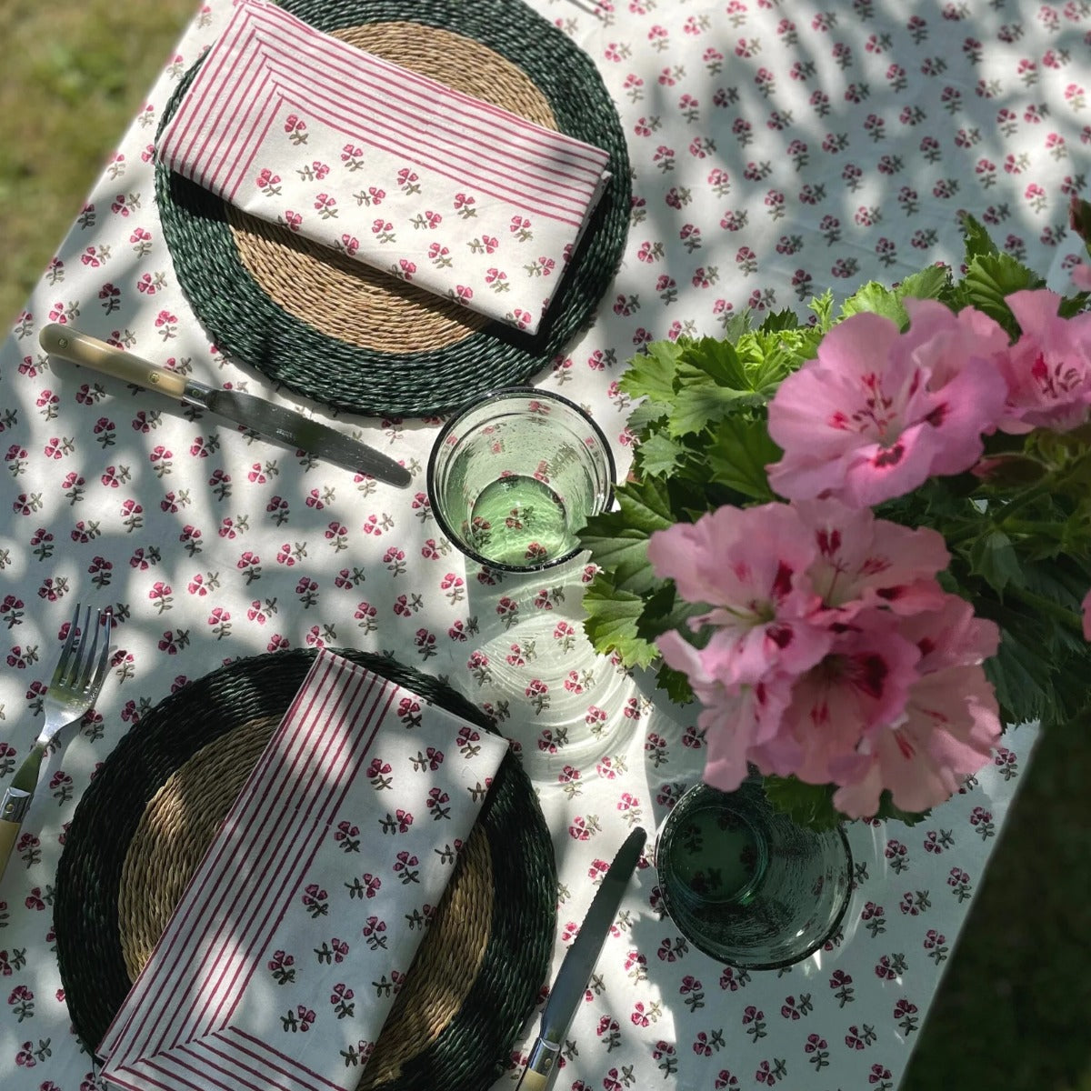 Ditsy' Pink Ruffle Handblock Printed Floral Tablecloth