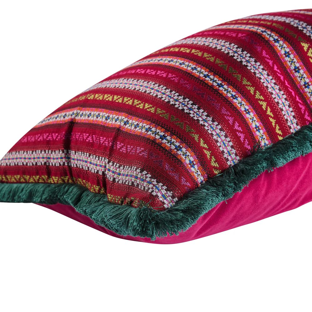 Kelling Home, Peruvian Striped Fuchsia Rectangular Cushion With Moss Green Fringe