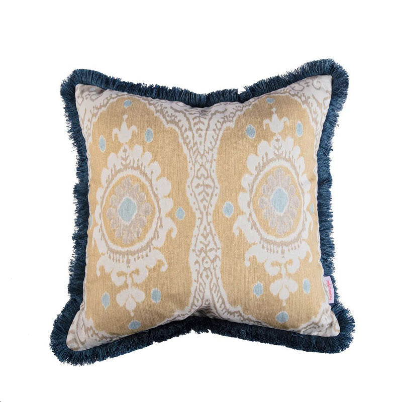 Kelling Home, Natural Yellow & Cornflower Blue Ikat Fringed Square Cushion 