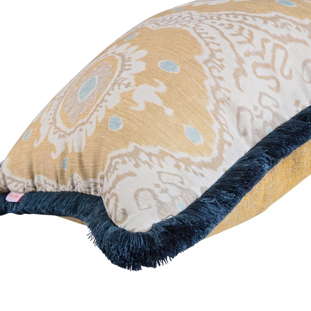 Kelling Home, Natural Yellow & Cornflower Blue Ikat Fringed Square Cushion 