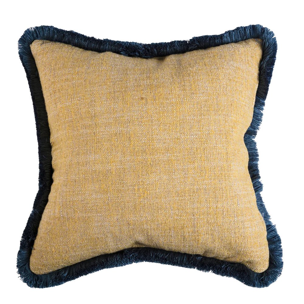 Kelling Home, Natural Yellow & Cornflower Blue Ikat Fringed Square Cushion 