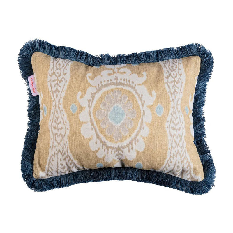 Kelling Home, Natural Yellow & Cornflower Blue Ikat Fringed Rectangular Cushion 