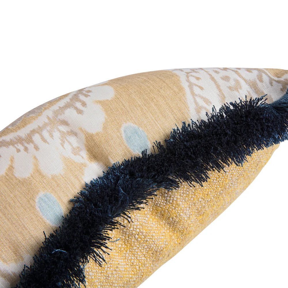 Kelling Home, Natural Yellow & Cornflower Blue Ikat Fringed Rectangular Cushion 