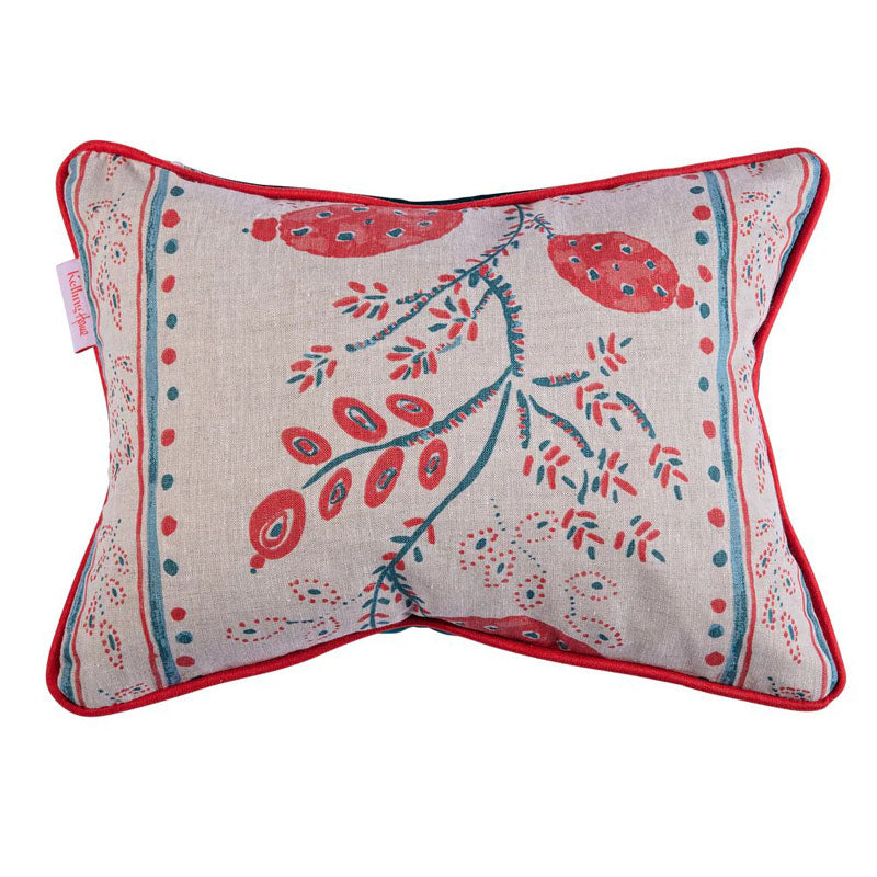 Kelling Home- Floral Blue & Red Rectangular Cushion With Teal Velvet Back