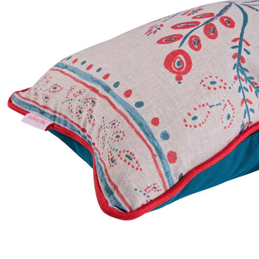 Kelling Home- Floral Blue & Red Rectangular Cushion With Teal Velvet Back