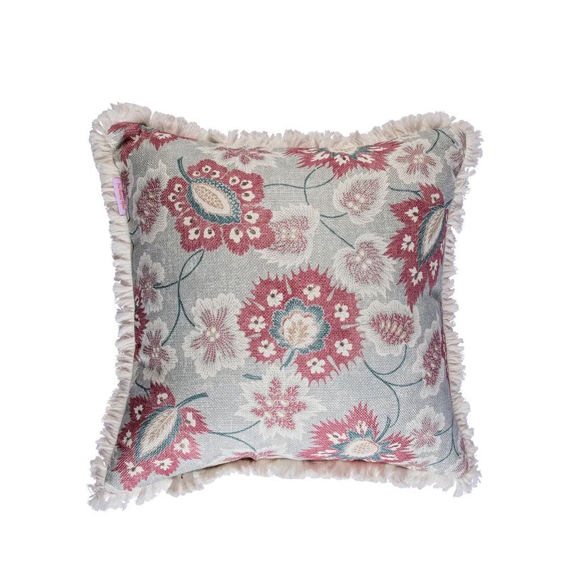 Kelling Home- Floral Blue, Pink & Cream Square Cushion With Calico Fringe & Fuchsia Velvet Back