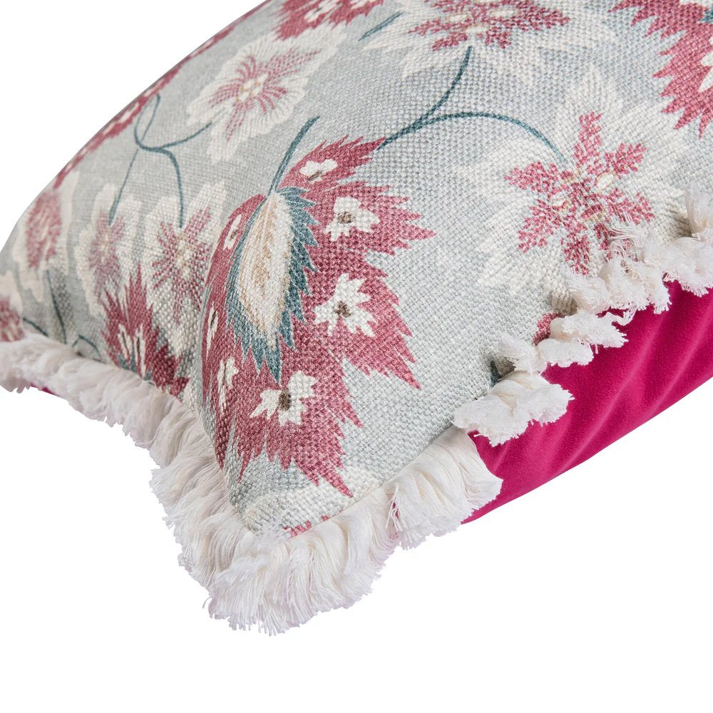 Kelling Home- Floral Blue, Pink & Cream Square Cushion With Calico Fringe & Fuchsia Velvet Back