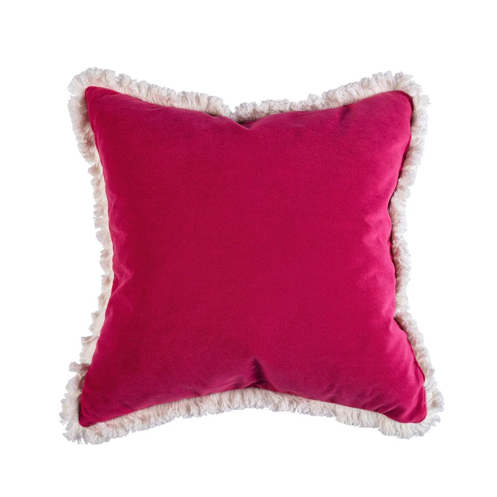 Kelling Home- Floral Blue, Pink & Cream Square Cushion With Calico Fringe & Fuchsia Velvet Back