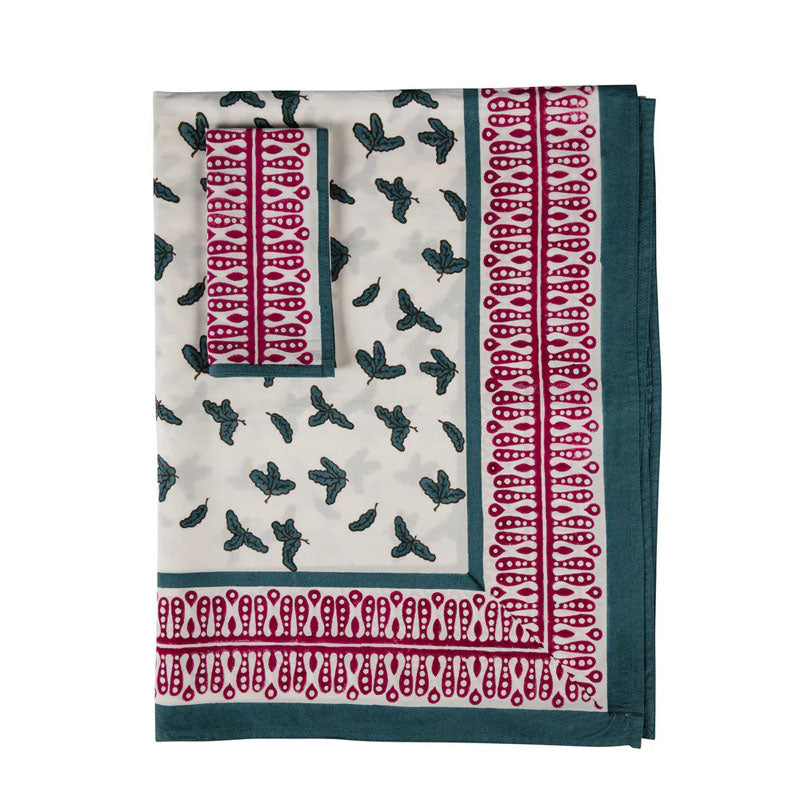 Kelling Home Teal Little Oak Leaf Tablecloth with Pink Border- Napkins Included