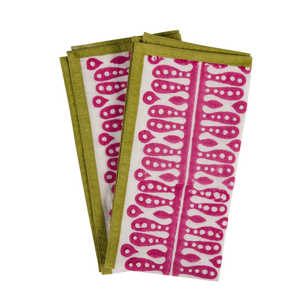 Kelling Home, Peridot Alotablot Tablecloth with Pink Border- Napkins Included