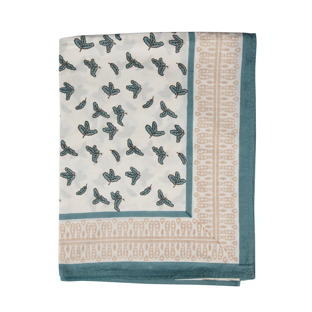 Teal Little Oak Leaf Tablecloth with Putty Border- Napkins Included