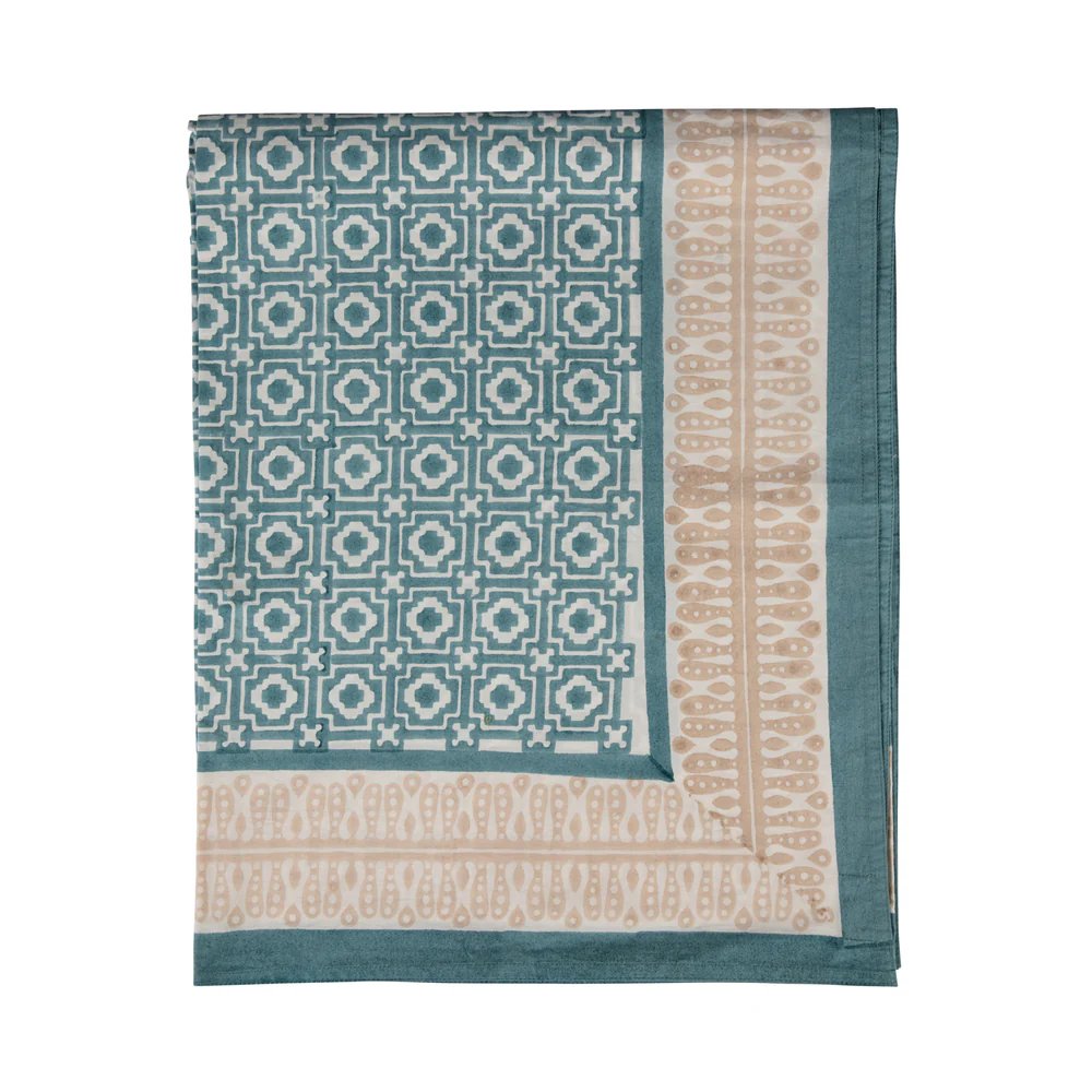 Teal Alotablot Tablecloth with Putty Border- Napkins Included
