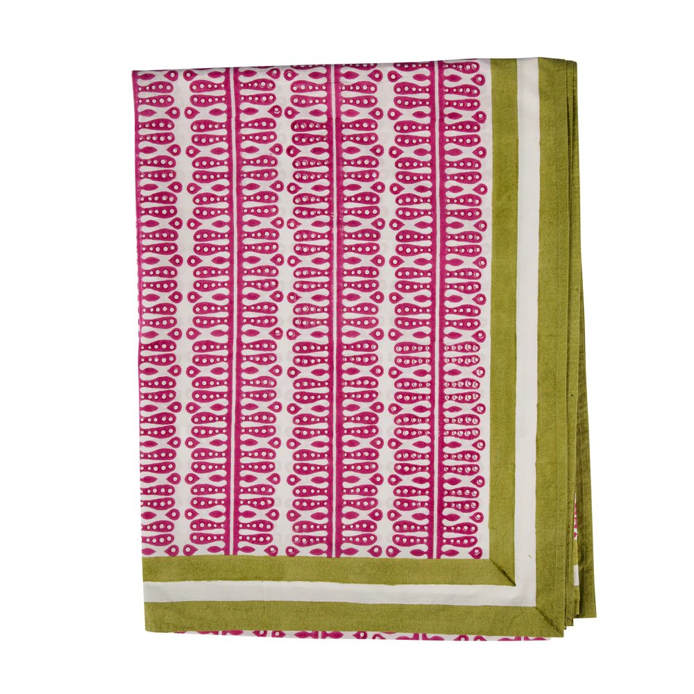 Kelling Home, Pink Hearts & Minds Tablecloth with Peridot Green Border- Napkins Included