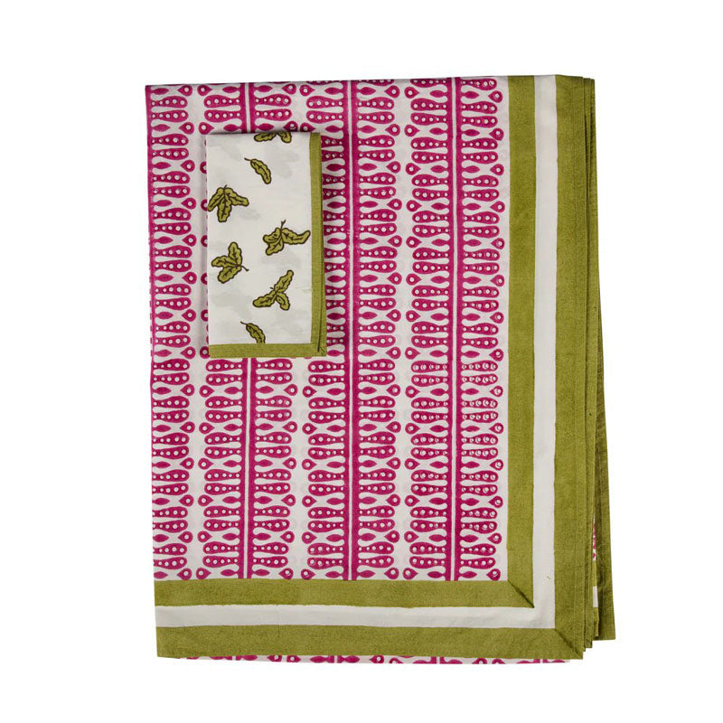 Kelling Home, Pink Hearts & Minds Tablecloth with Peridot Green Border- Napkins Included