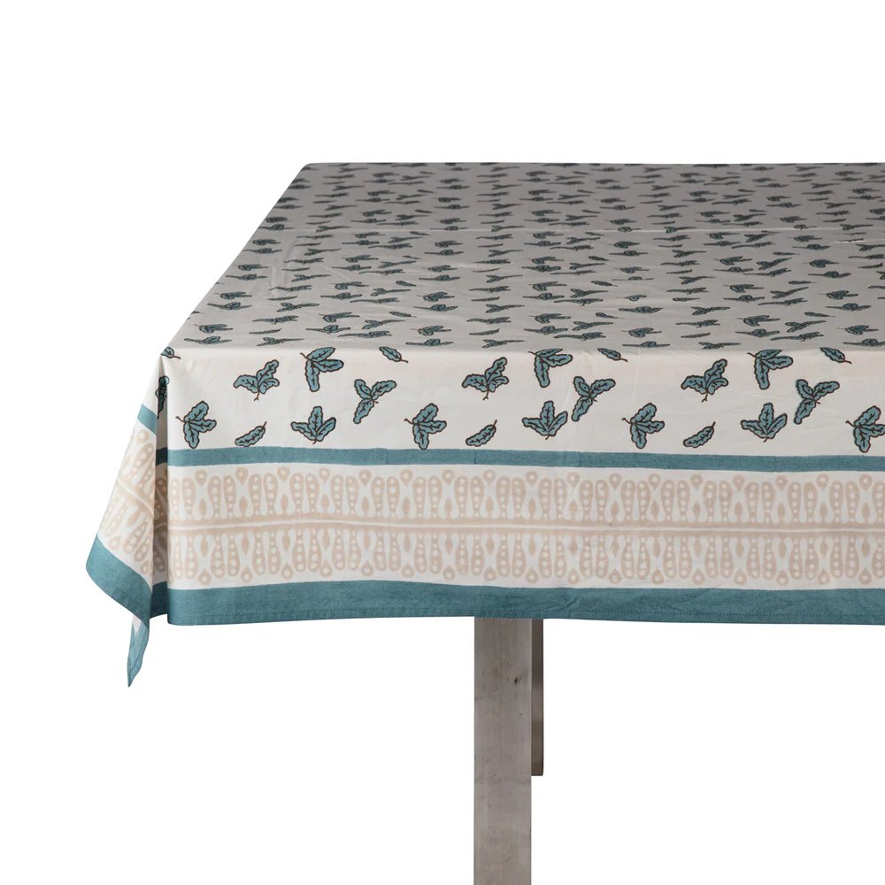 Teal Little Oak Leaf Tablecloth with Putty Border- Napkins Included
