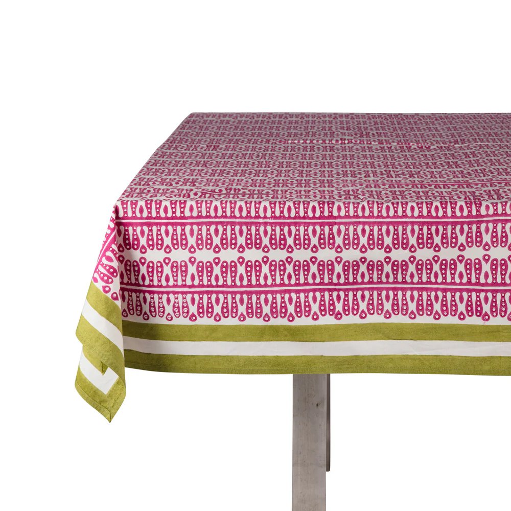Kelling Home, Pink Hearts & Minds Tablecloth with Peridot Green Border- Napkins Included