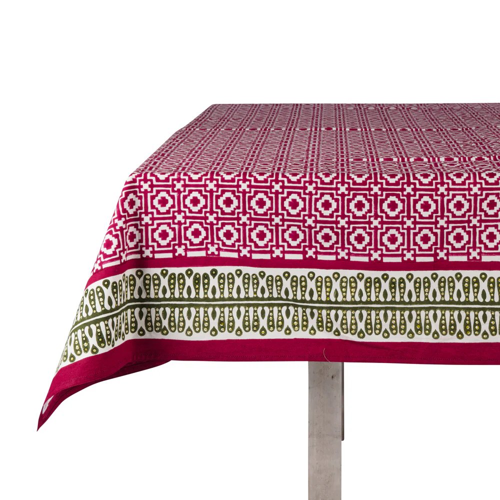 Raspberry Pink Alotablot Tablecloth with Peridot Green Border-Napkins Included