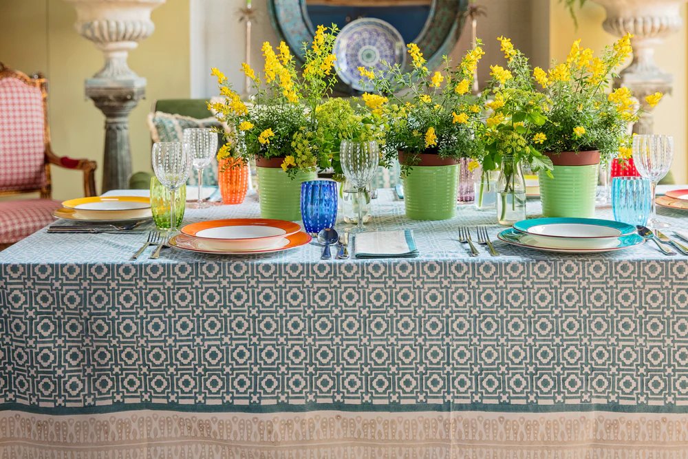 Teal Alotablot Tablecloth with Putty Border- Napkins Included