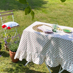 Ditsy' Pink Ruffle Handblock Printed Floral Tablecloth