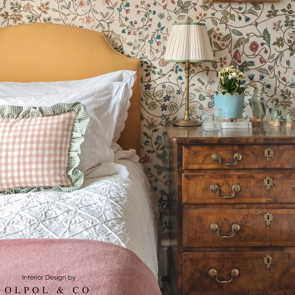 Scalloped Ivory Linen Lampshade with Sage Trim- Patton House  