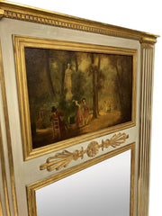 Above the mirror, an oil painting on panel captures a romantic 18th-century woodland scene, evoking the charm and nostalgia of pastoral beauty.