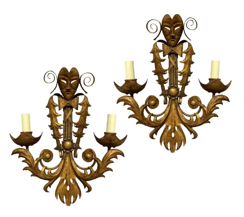 Unique Pair of Venetian Gilt Metal Wall Lights 