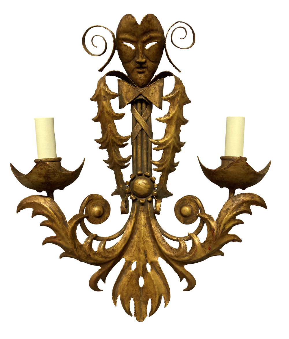 Unique Pair of Venetian Gilt Metal Wall Lights 